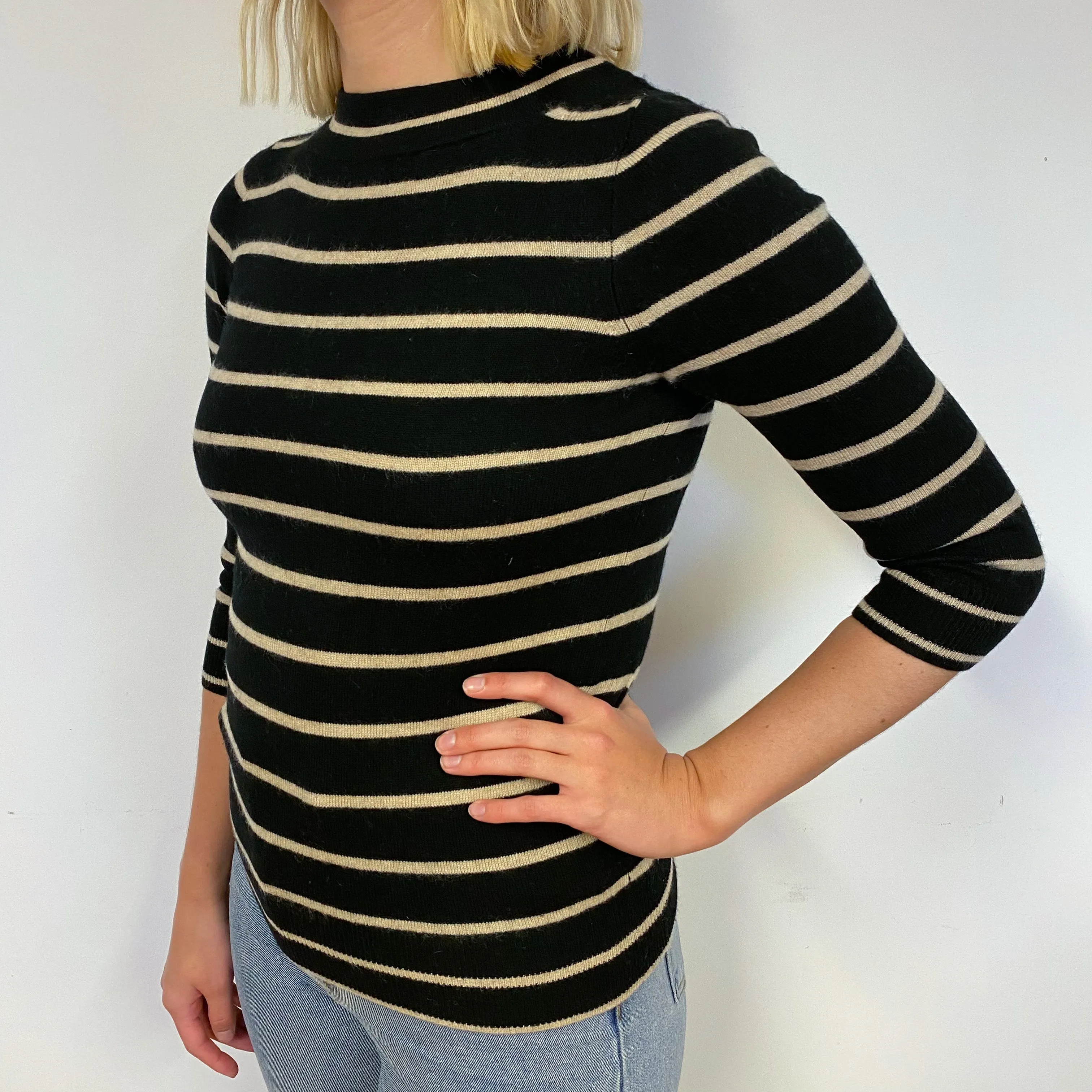 Black Cashmere Italian Striped Crew Neck Jumper