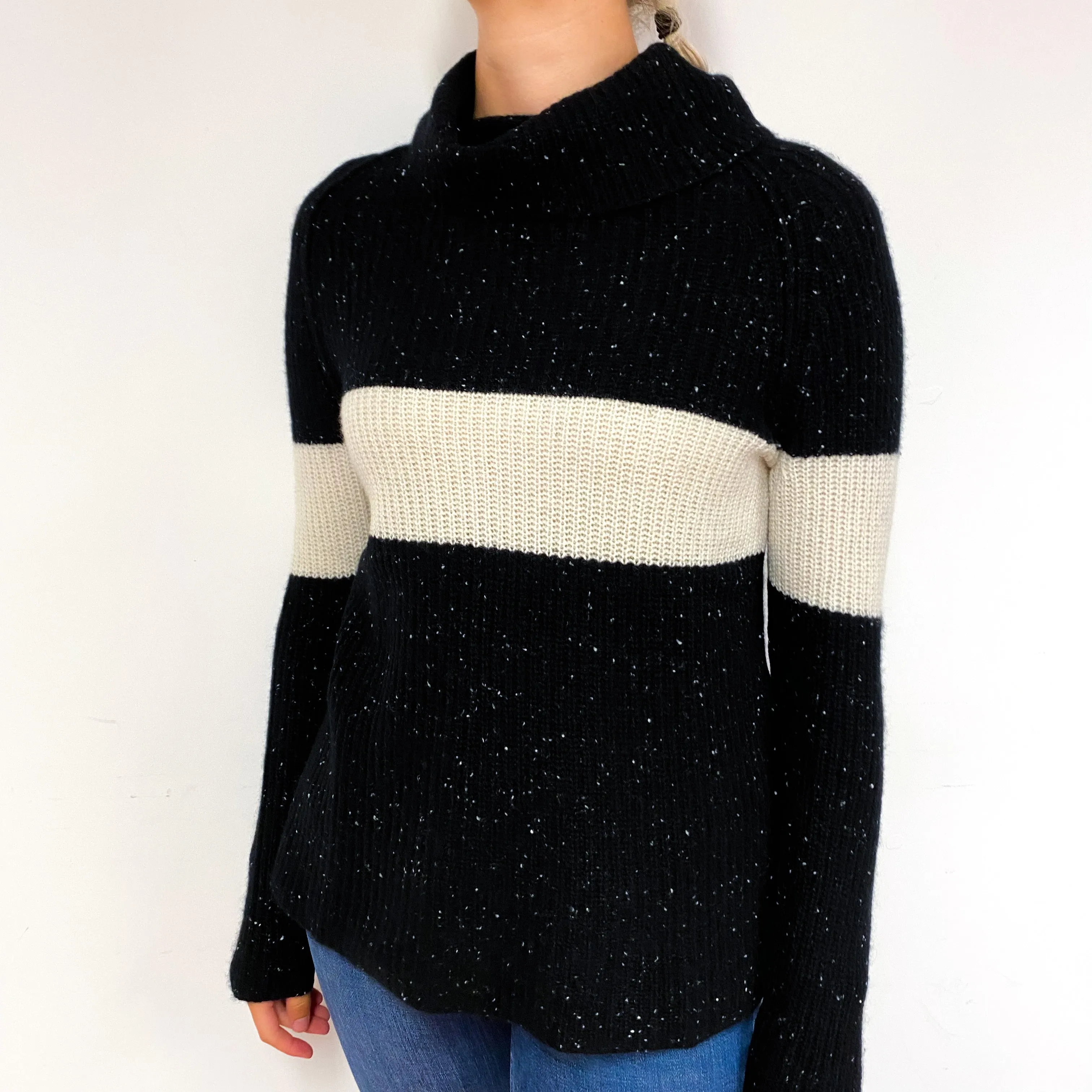 Black Cream Stripe Chunky Cashmere Polo Neck Jumper Small