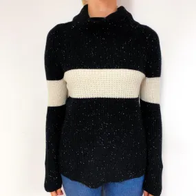 Black Cream Stripe Chunky Cashmere Polo Neck Jumper Small