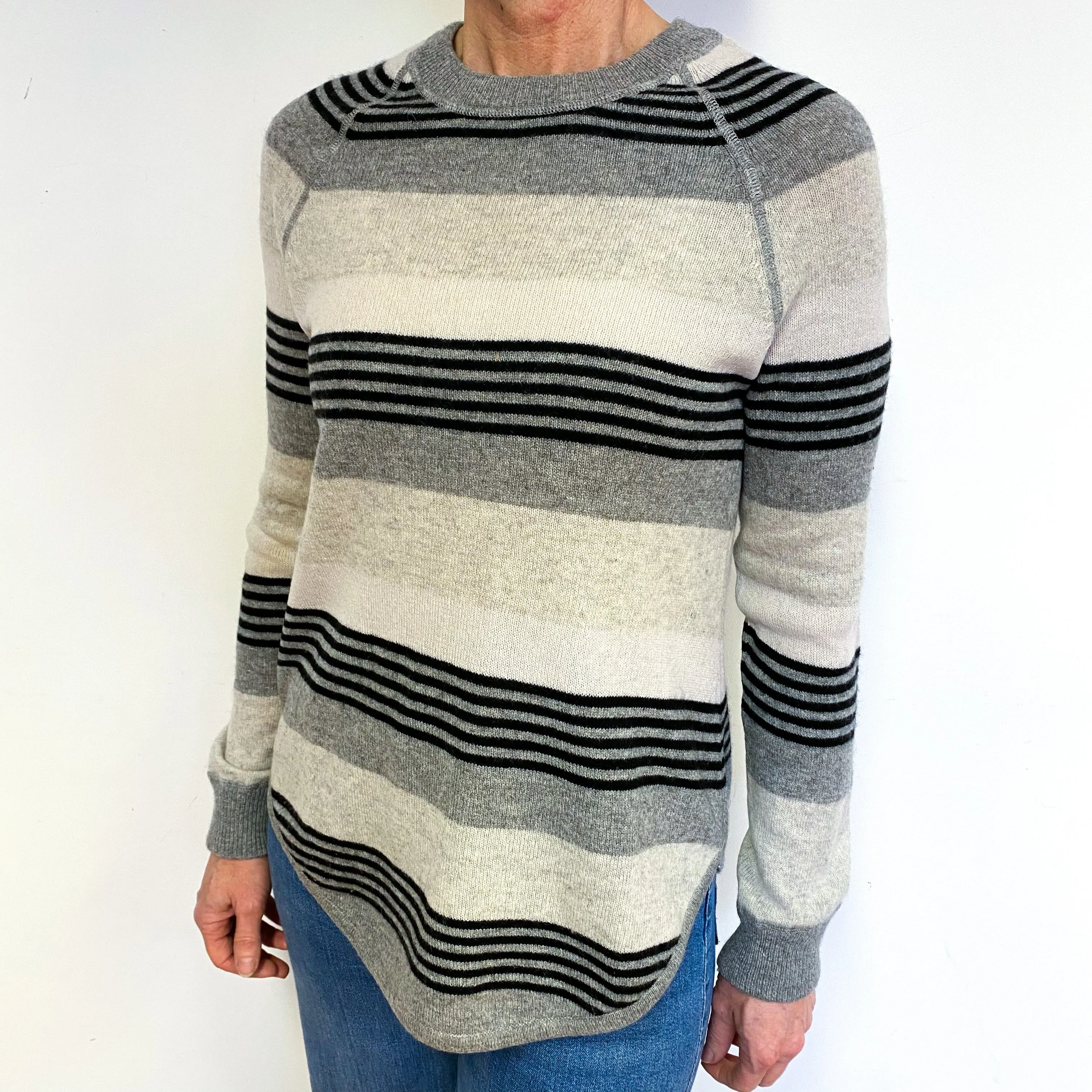 Black, Grey & Oatmeal Striped Cashmere Crew Neck Jumper Medium