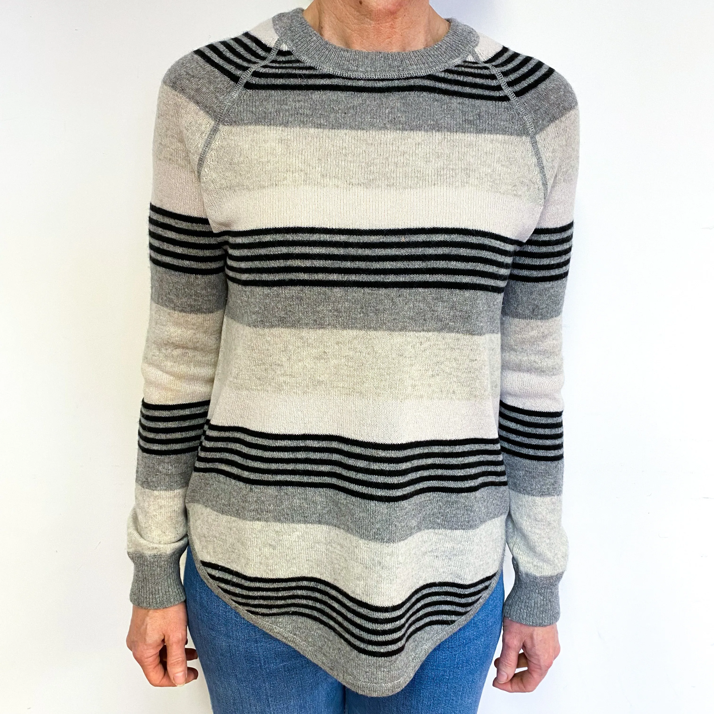 Black, Grey & Oatmeal Striped Cashmere Crew Neck Jumper Medium
