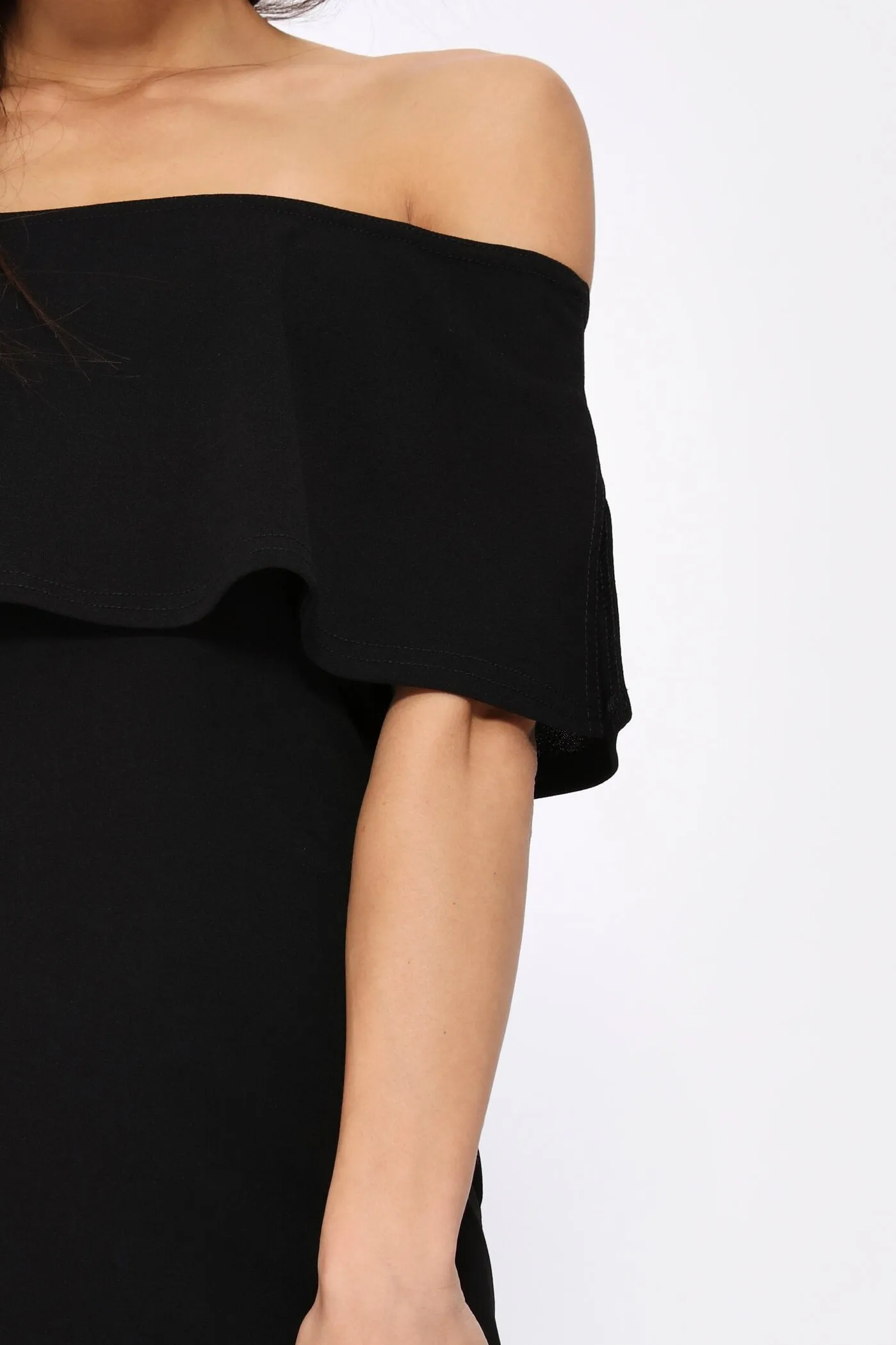 Black Off Shoulder Frill Bodycon Dress