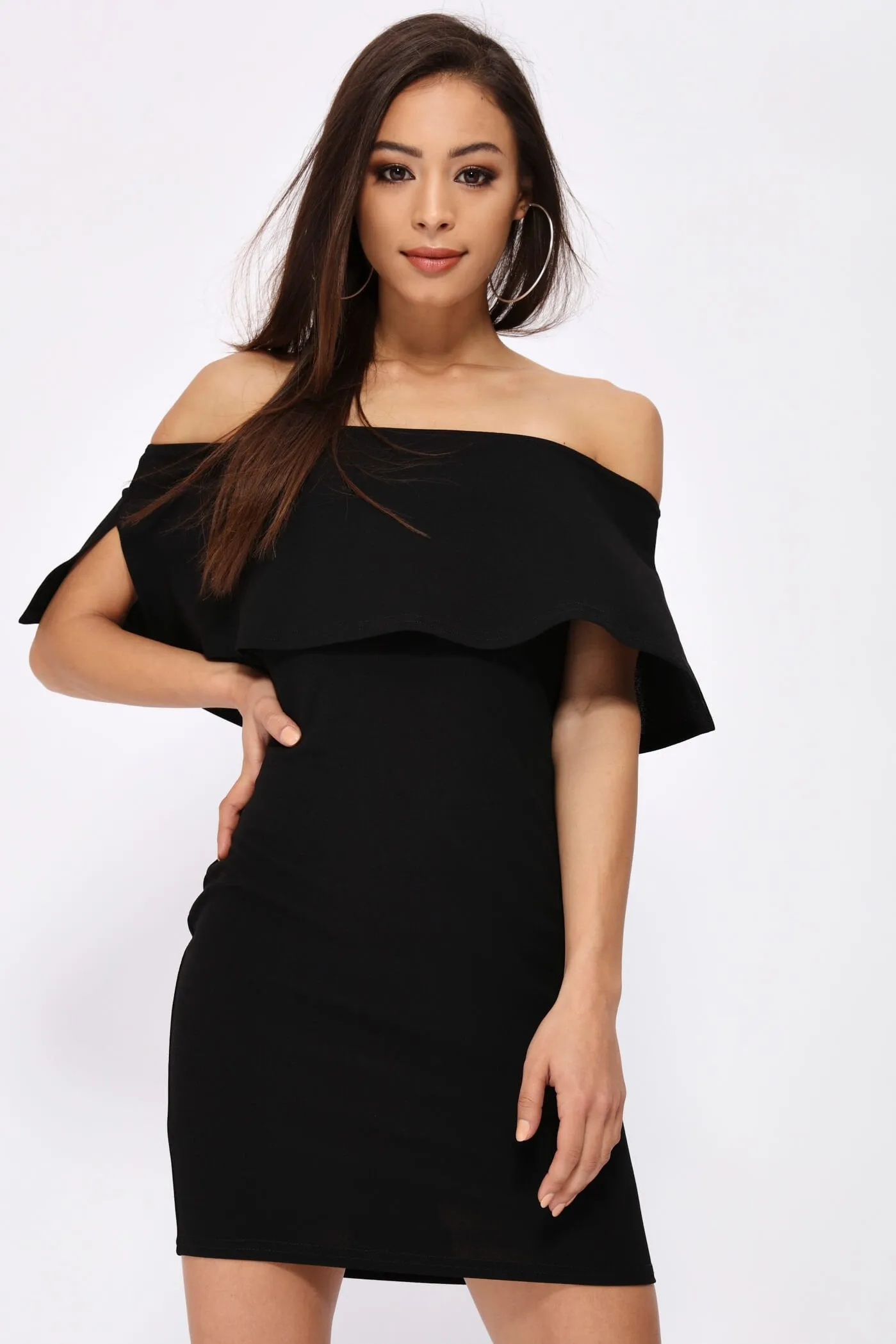 Black Off Shoulder Frill Bodycon Dress