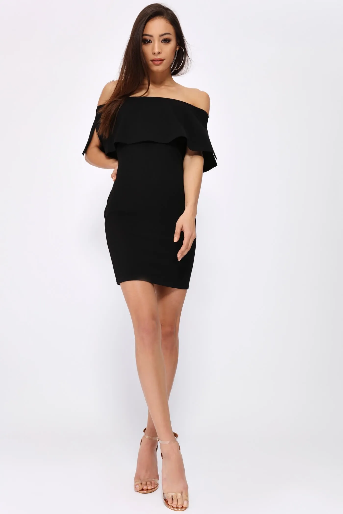 Black Off Shoulder Frill Bodycon Dress