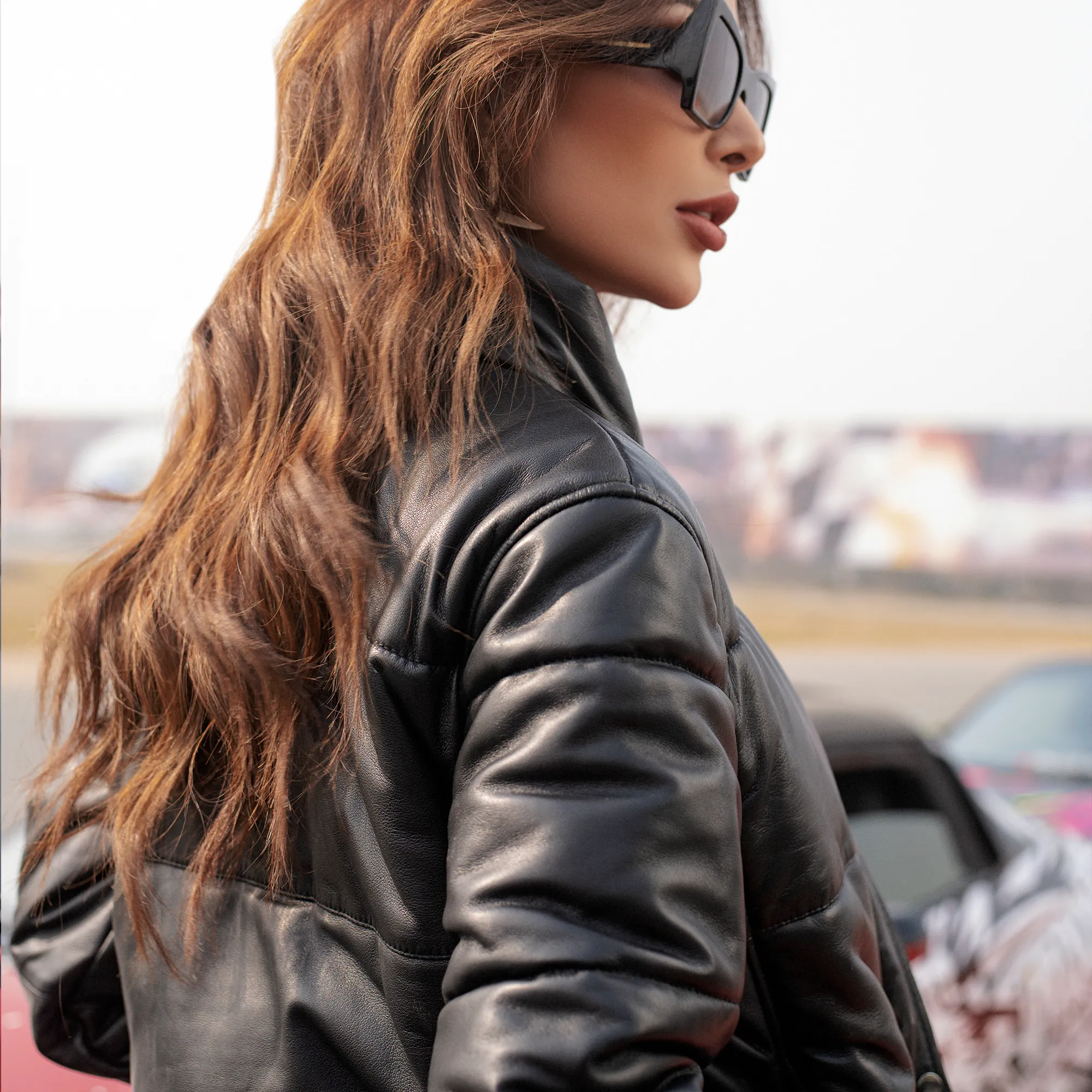 Black Quilted Bomber Leather Jacket - Women