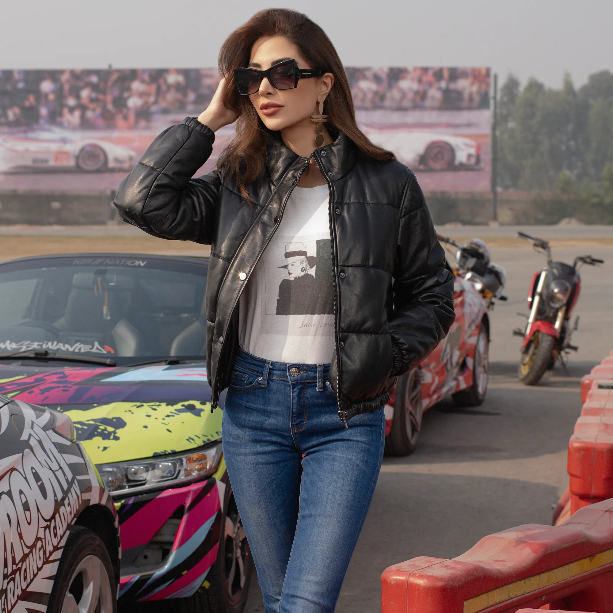 Black Quilted Bomber Leather Jacket - Women