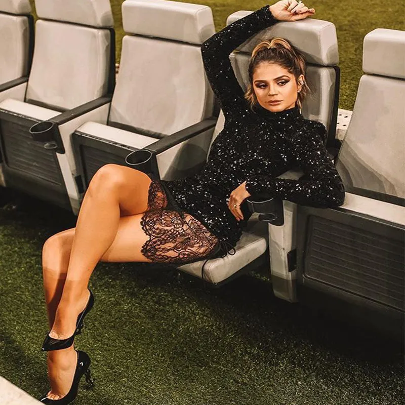 Black Sequin Lace Patchwork Bodycon Backless Dress