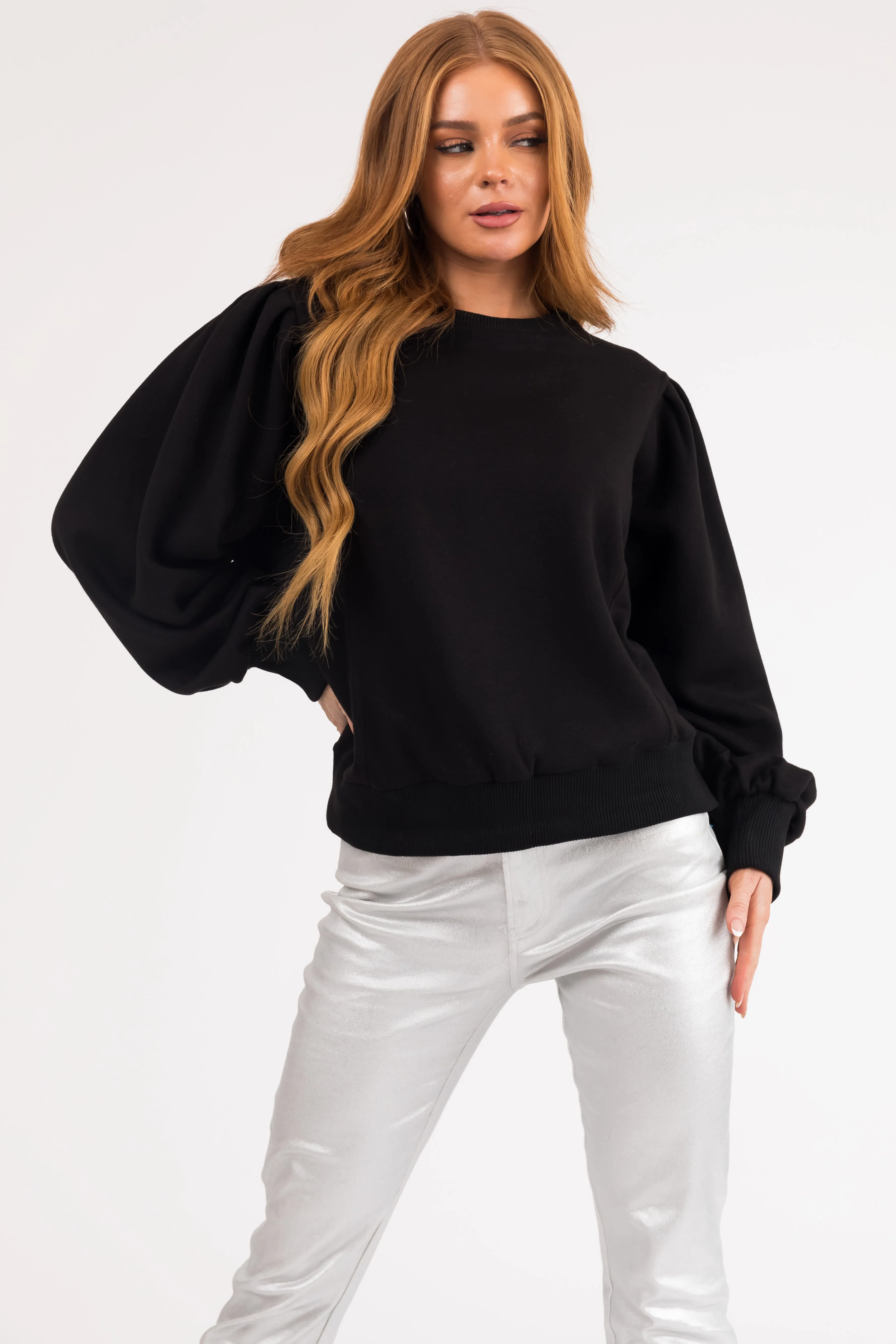 Black Soft Pullover with Balloon Sleeves
