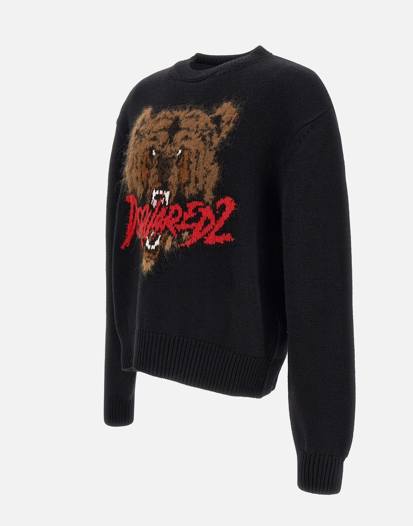 Black Wool Tiger Crewneck Sweater