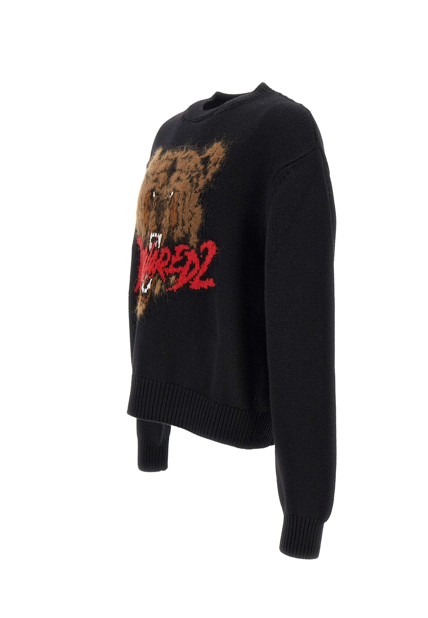 Black Wool Tiger Crewneck Sweater