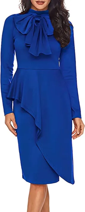 Blue Womens Tie Neck Peplum Waist Long Sleeve Bodycon Business Dress - CILKOO
