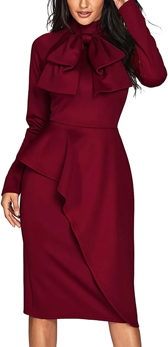 Blue Womens Tie Neck Peplum Waist Long Sleeve Bodycon Business Dress - CILKOO