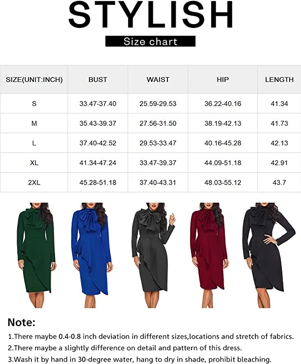 Blue Womens Tie Neck Peplum Waist Long Sleeve Bodycon Business Dress - CILKOO