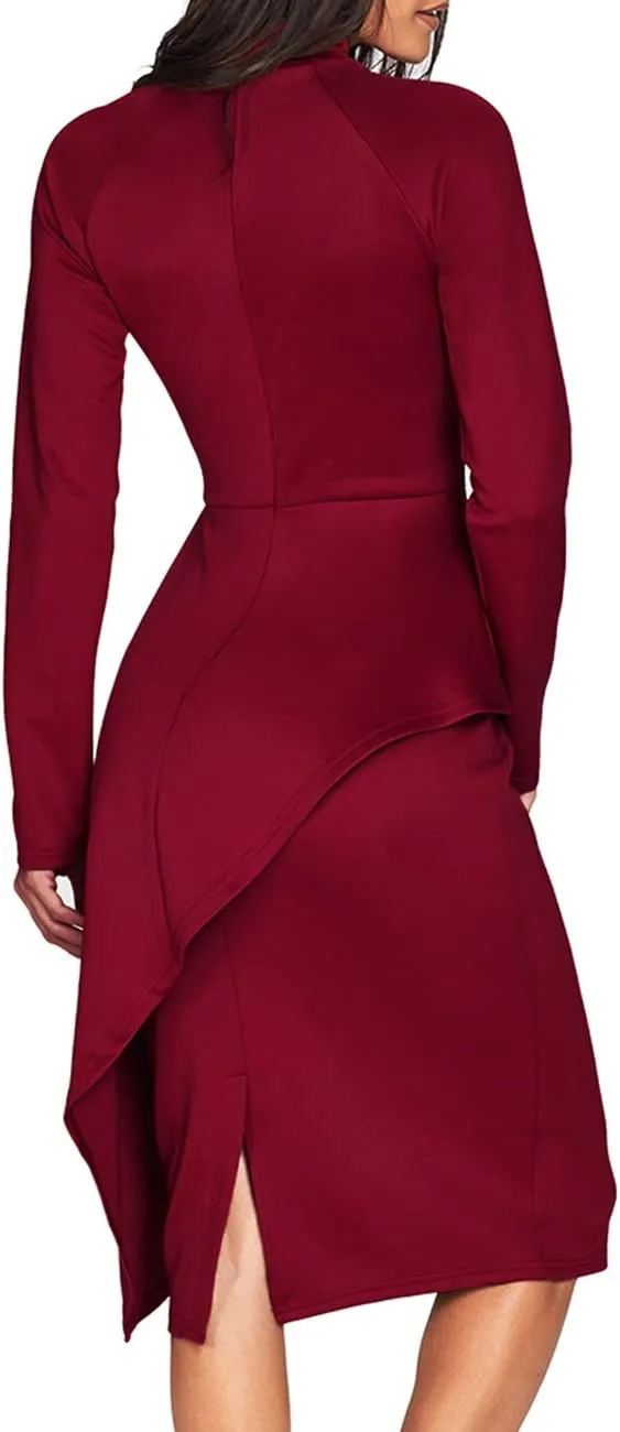 Blue Womens Tie Neck Peplum Waist Long Sleeve Bodycon Business Dress - CILKOO
