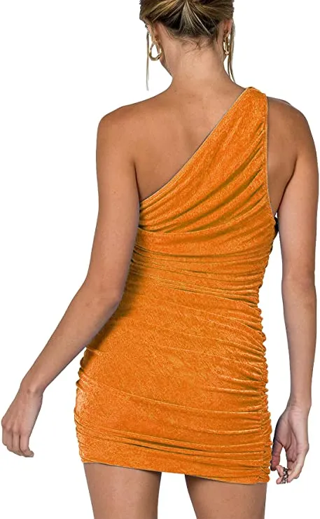 Brick Red Women's Sexy One Shoulder Ruched Sleeveless Bodycon Mini Short Dress - Lyaner