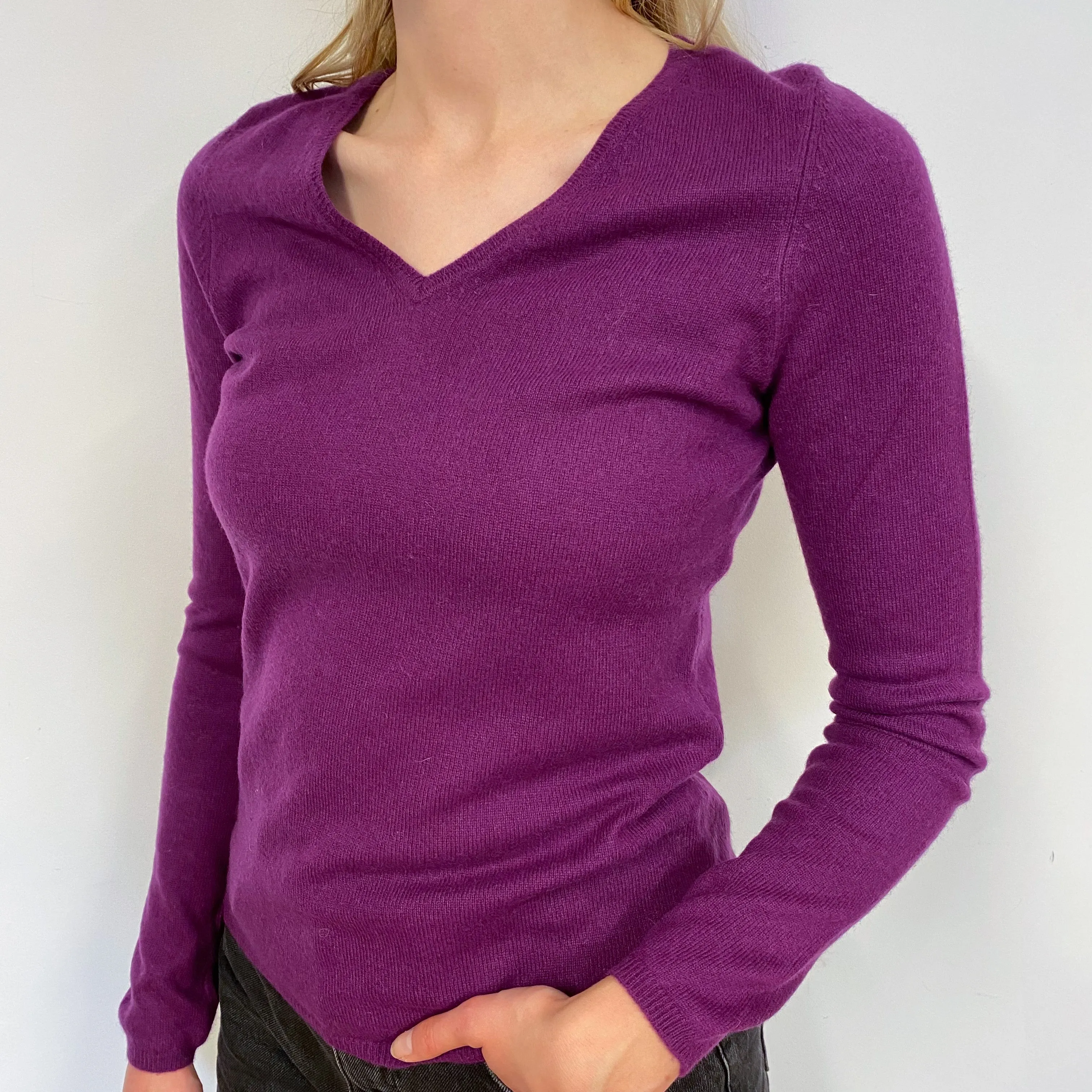 Bright Plum Purple V Neck Jumper Small
