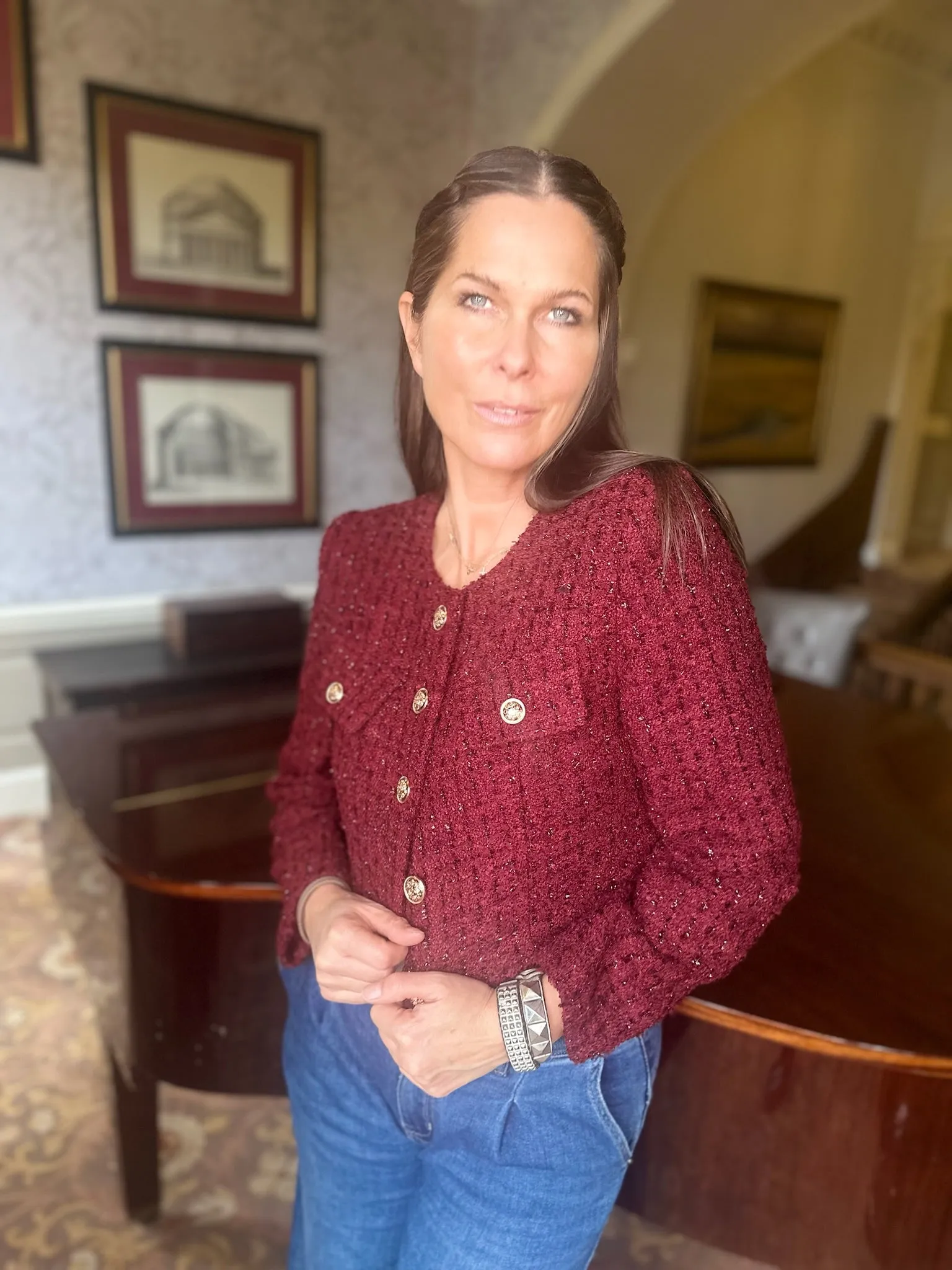 Cecile Cropped Tweed Jacket - Claret