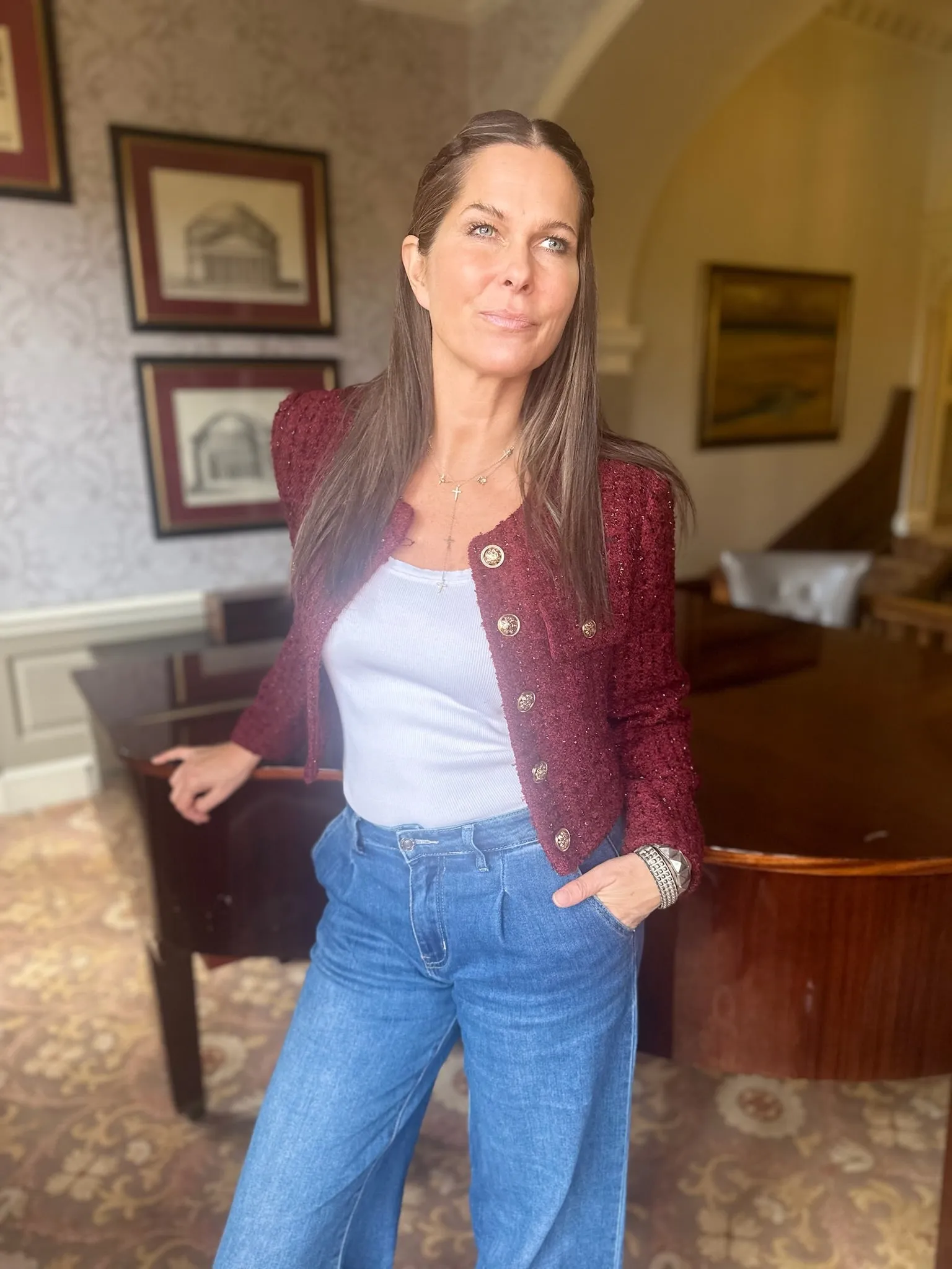 Cecile Cropped Tweed Jacket - Claret