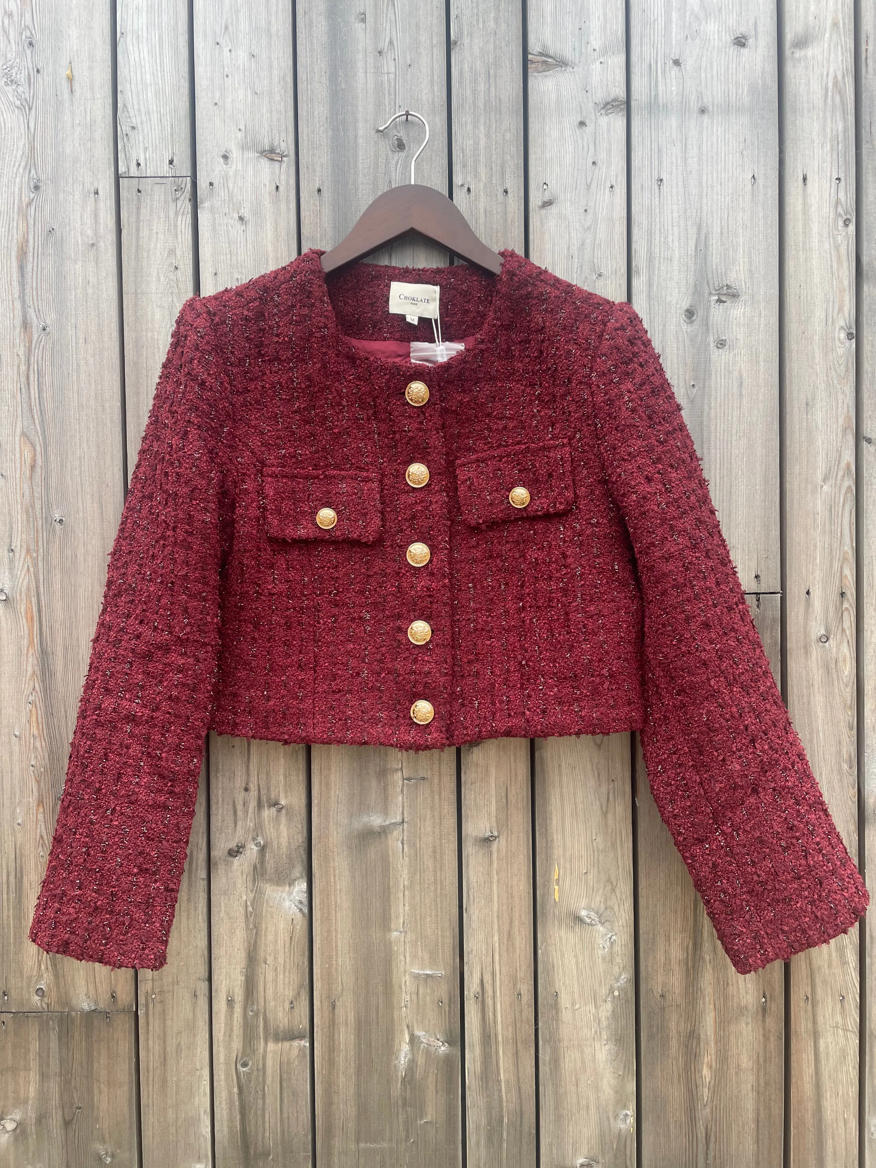 Cecile Cropped Tweed Jacket - Claret