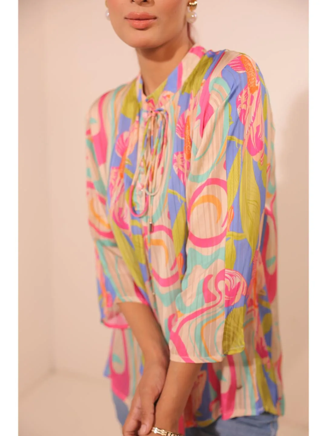 cheerful  viscose dobby stripped abstact printed mandarin collar string, A-Line hand embellished top with three-forth sleeve. - Multi