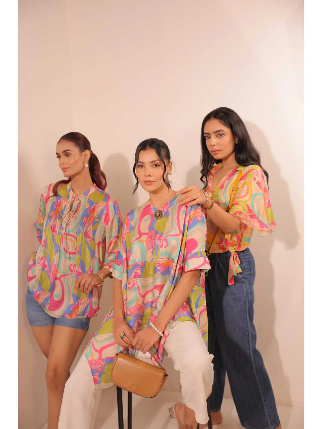 cheerful  viscose dobby stripped abstact printed mandarin collar string, A-Line hand embellished top with three-forth sleeve. - Multi