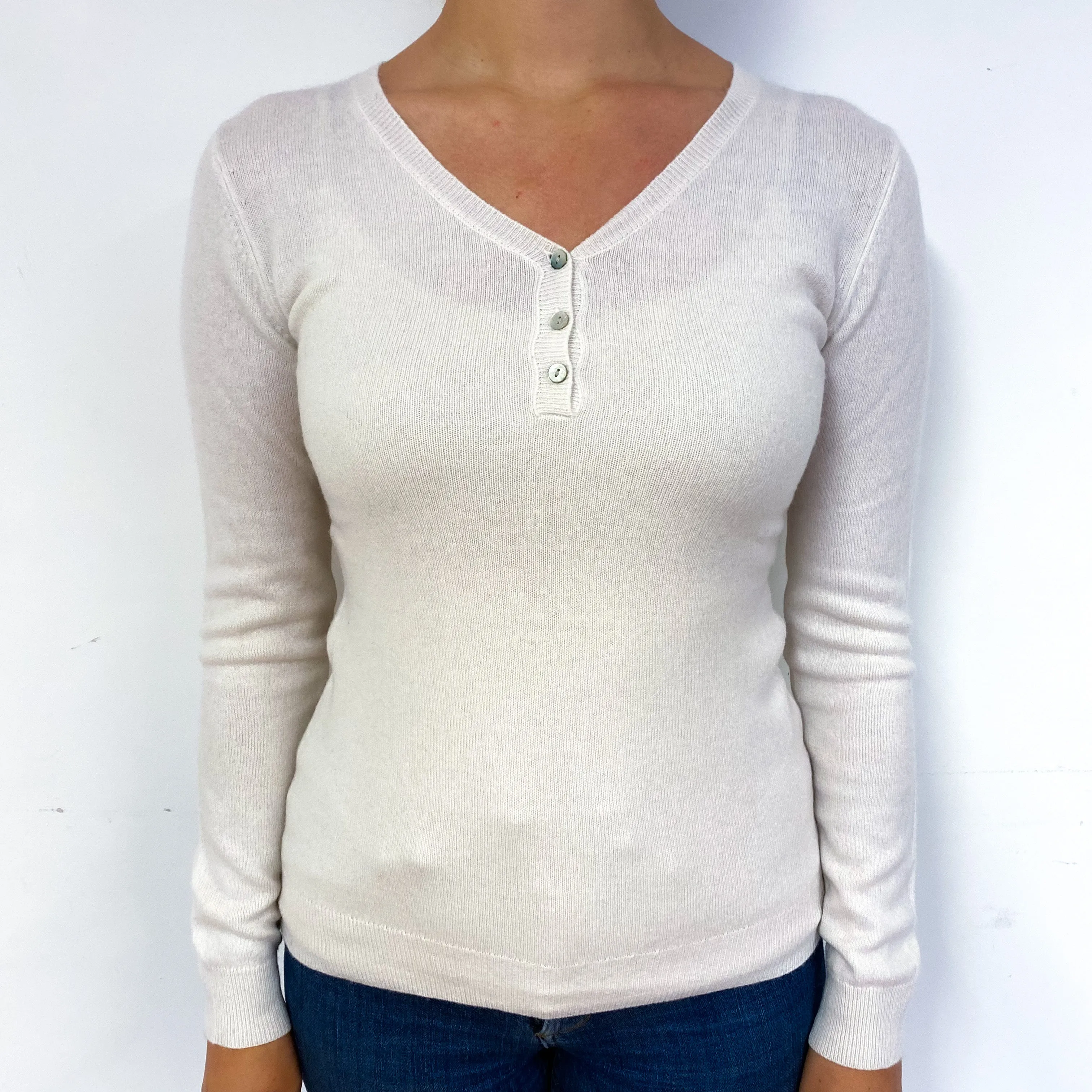 Cream Buttoned Cashmere V-Neck Jumper Small