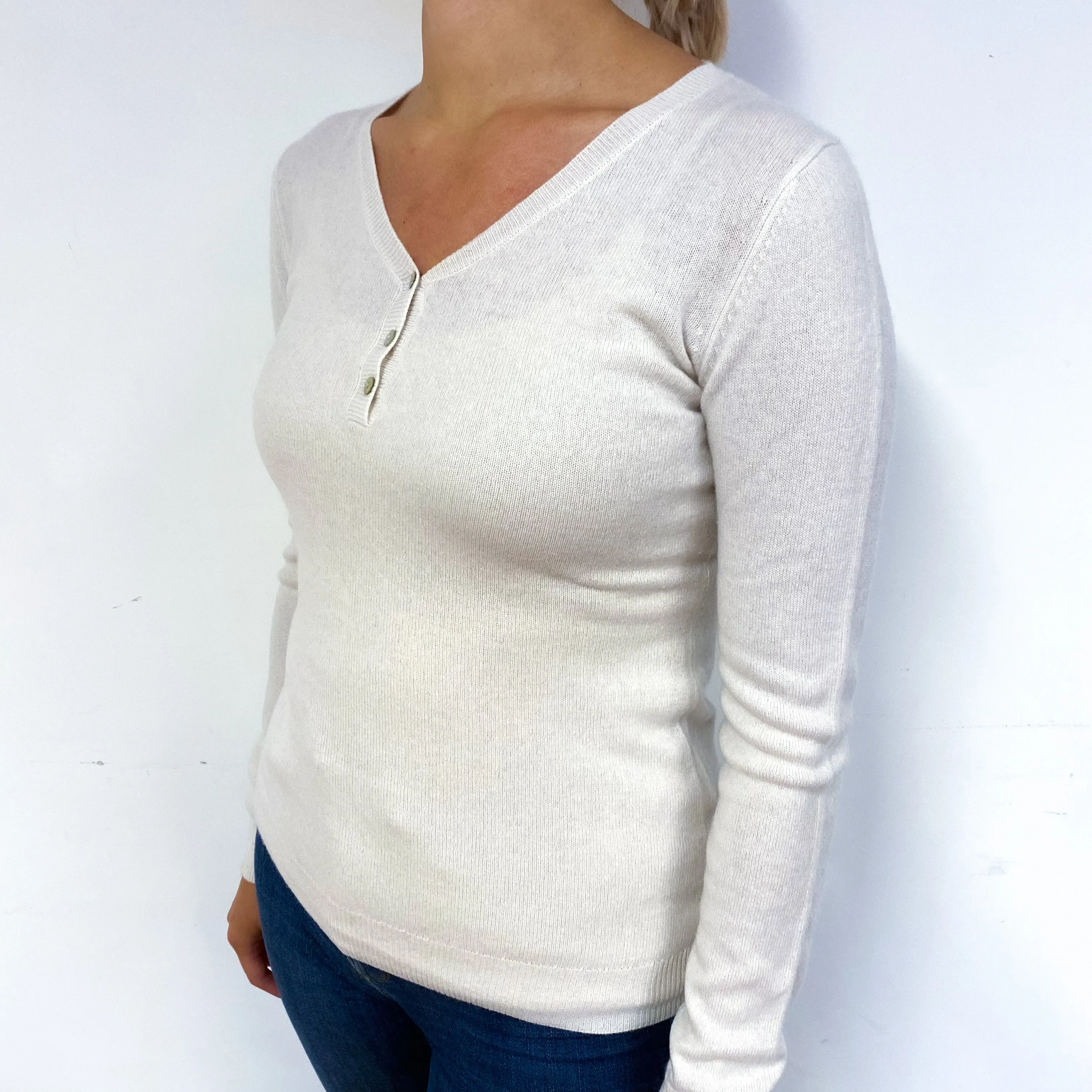 Cream Buttoned Cashmere V-Neck Jumper Small