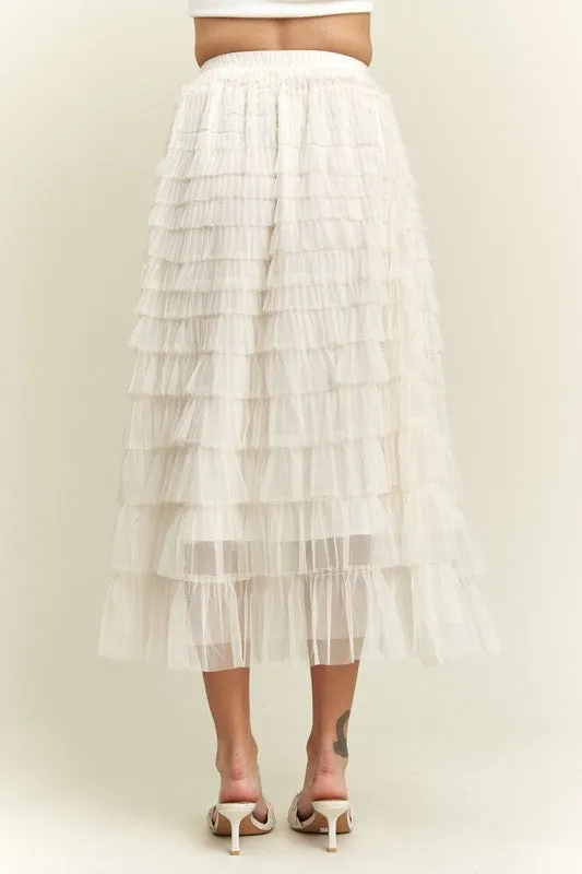 Elastic Waist Layered Mesh Midi Skirt
