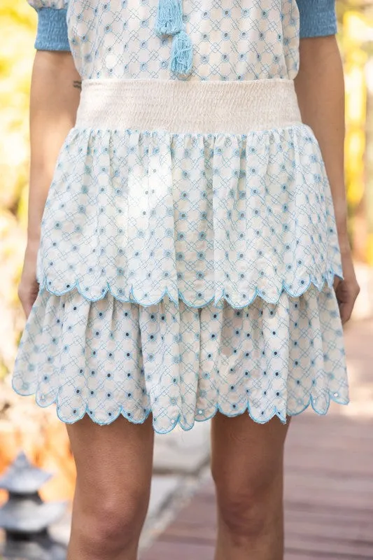 ELENA EMBROIDERED TWO PIECE SET IN BLUE EYELET