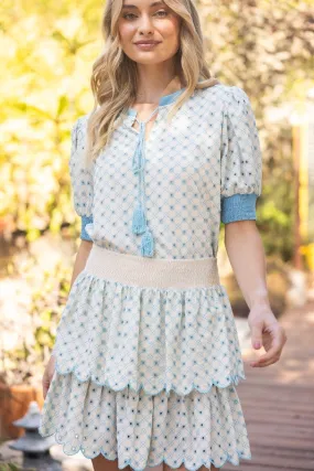 ELENA EMBROIDERED TWO PIECE SET IN BLUE EYELET