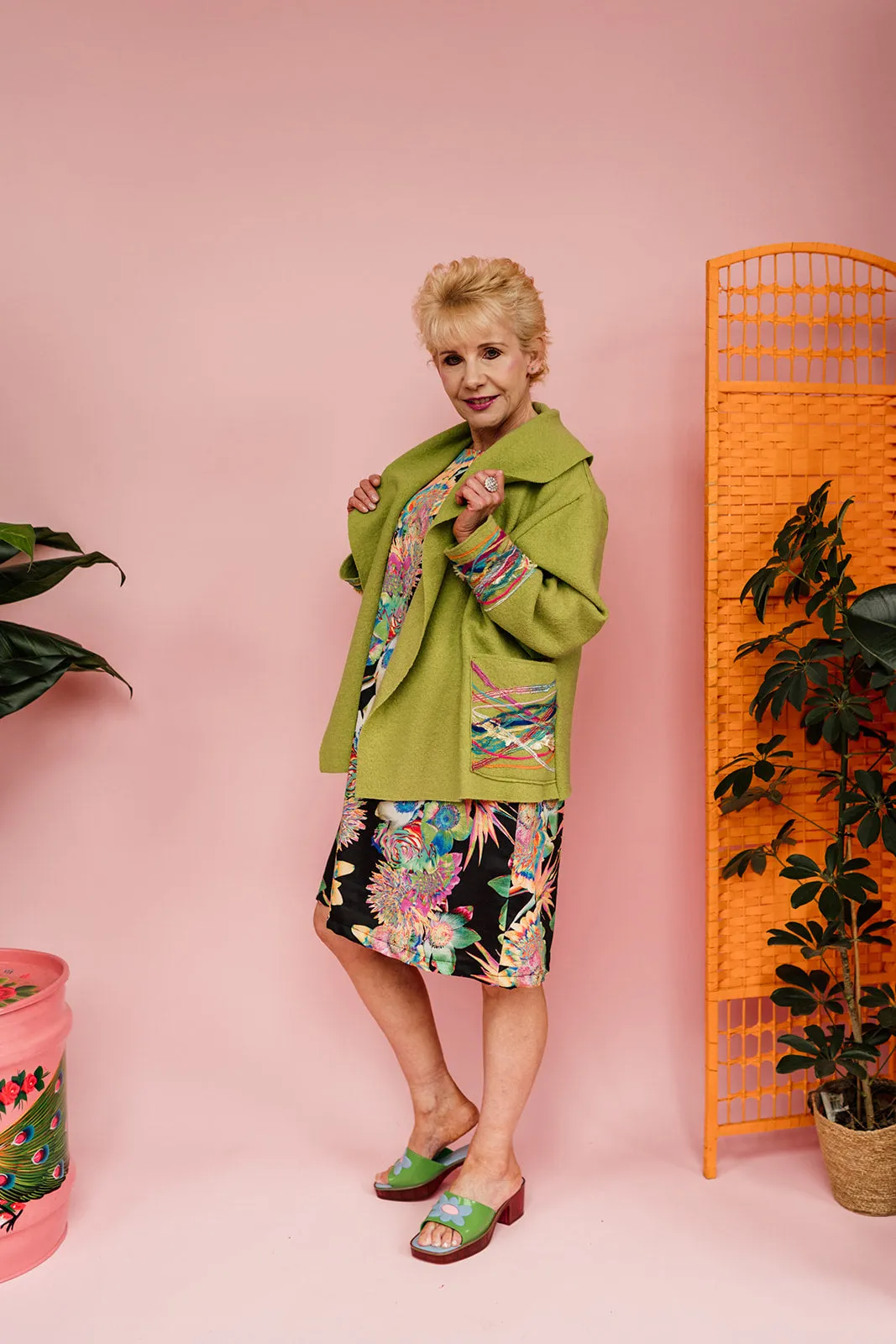 Embellished Cropped Wool Coat in Lime Green