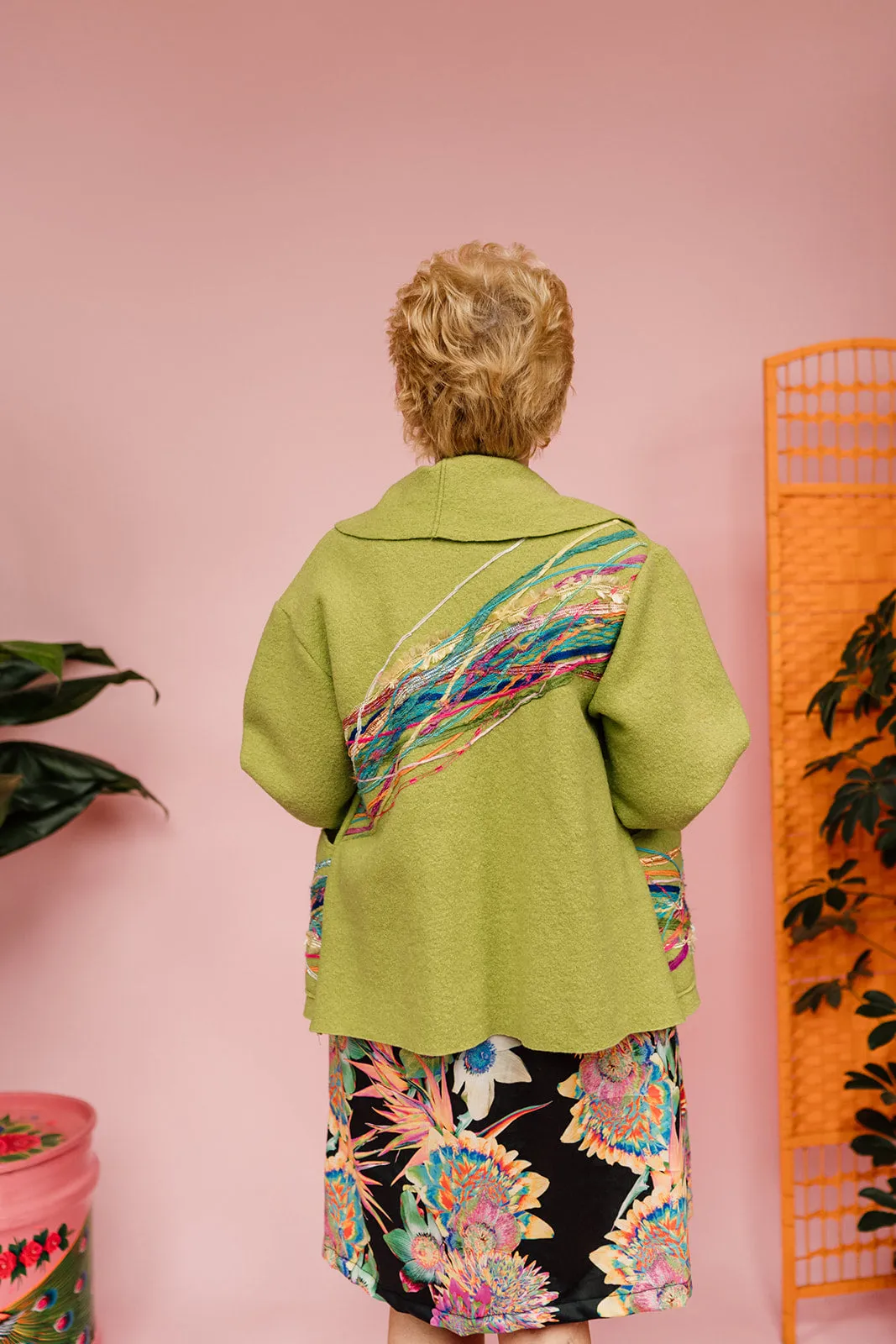 Embellished Cropped Wool Coat in Lime Green