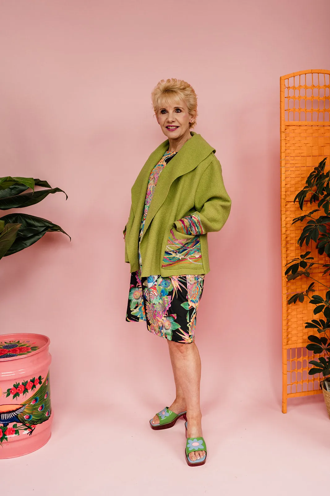 Embellished Cropped Wool Coat in Lime Green
