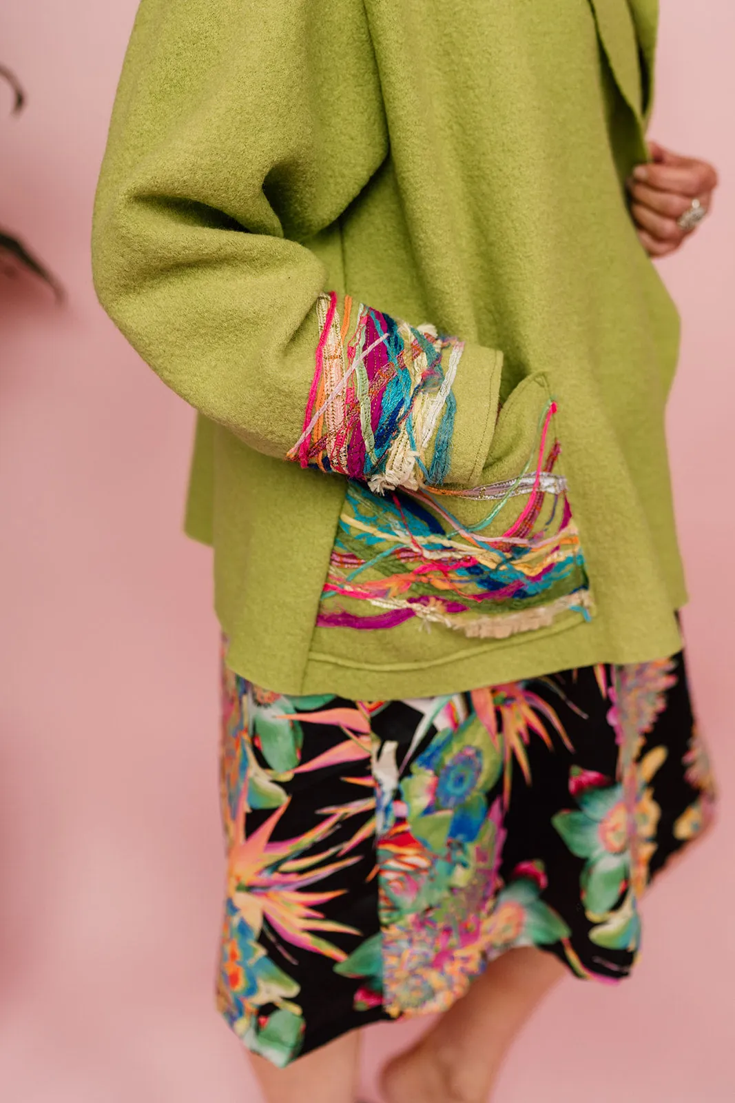 Embellished Cropped Wool Coat in Lime Green
