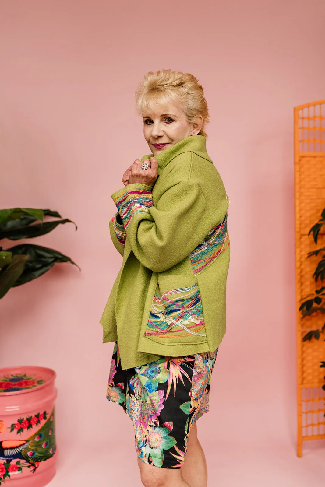 Embellished Cropped Wool Coat in Lime Green