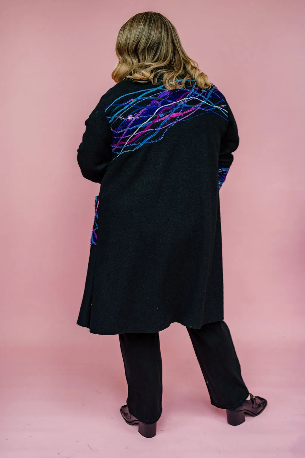 Embellished Long Wool Coat in Black Jewel