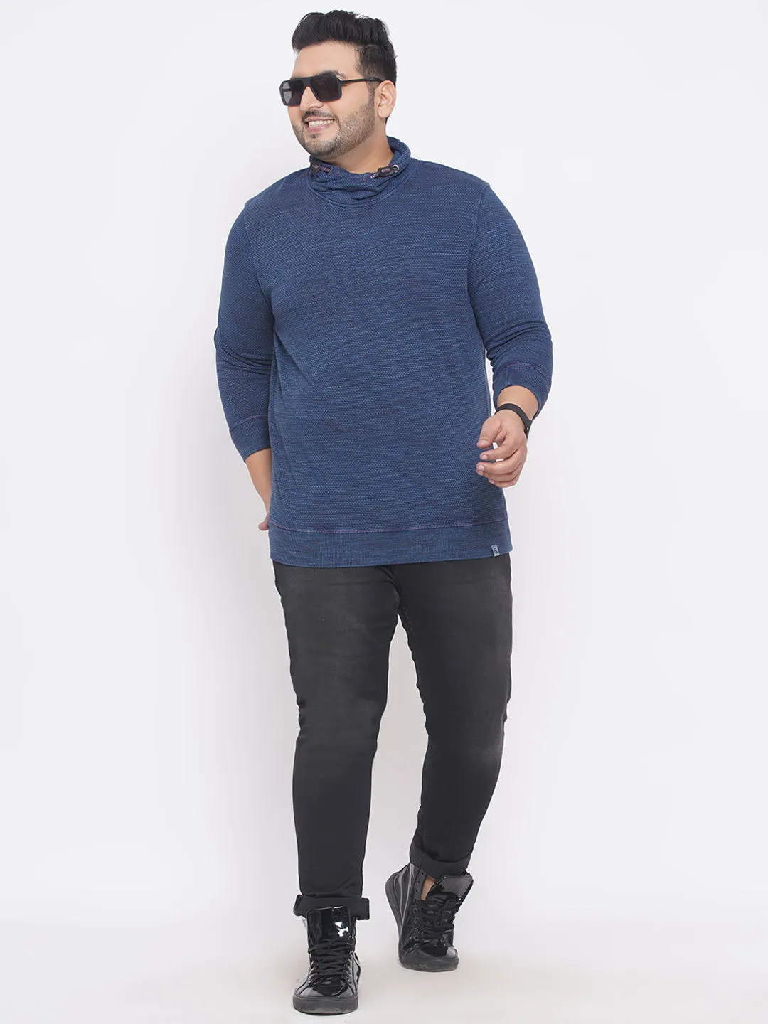 Engbers - Plus Size Men's Regular Fit Soft Cotton Blue  Polo Collar Solid Sweatshirt