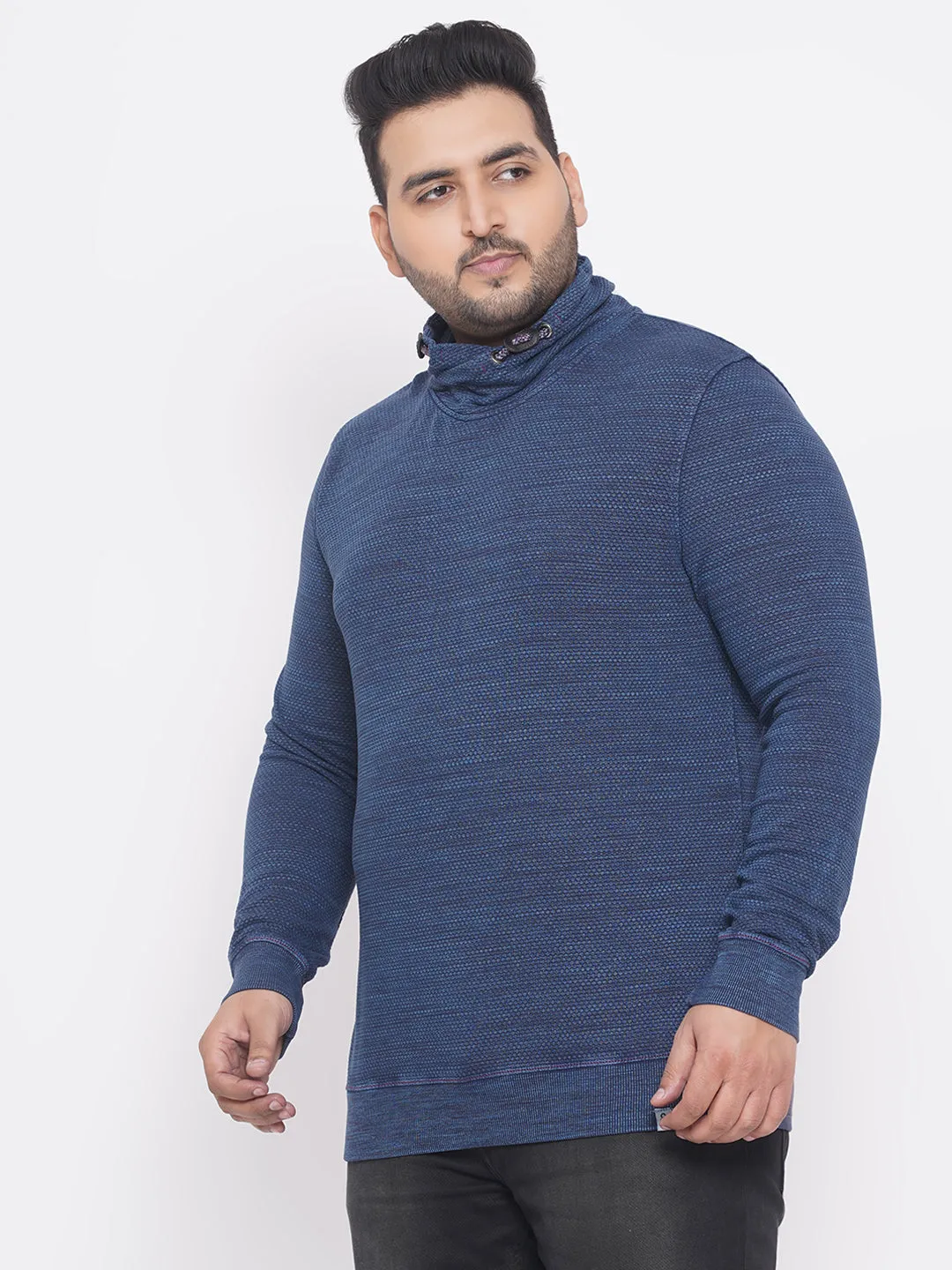 Engbers - Plus Size Men's Regular Fit Soft Cotton Blue  Polo Collar Solid Sweatshirt