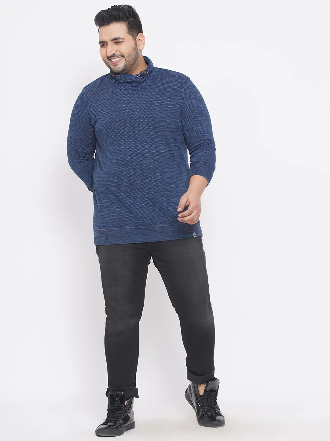 Engbers - Plus Size Men's Regular Fit Soft Cotton Blue  Polo Collar Solid Sweatshirt