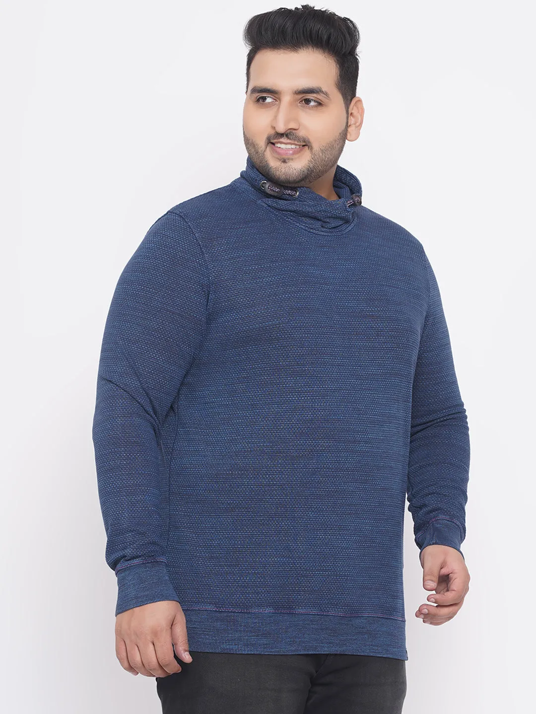 Engbers - Plus Size Men's Regular Fit Soft Cotton Blue  Polo Collar Solid Sweatshirt