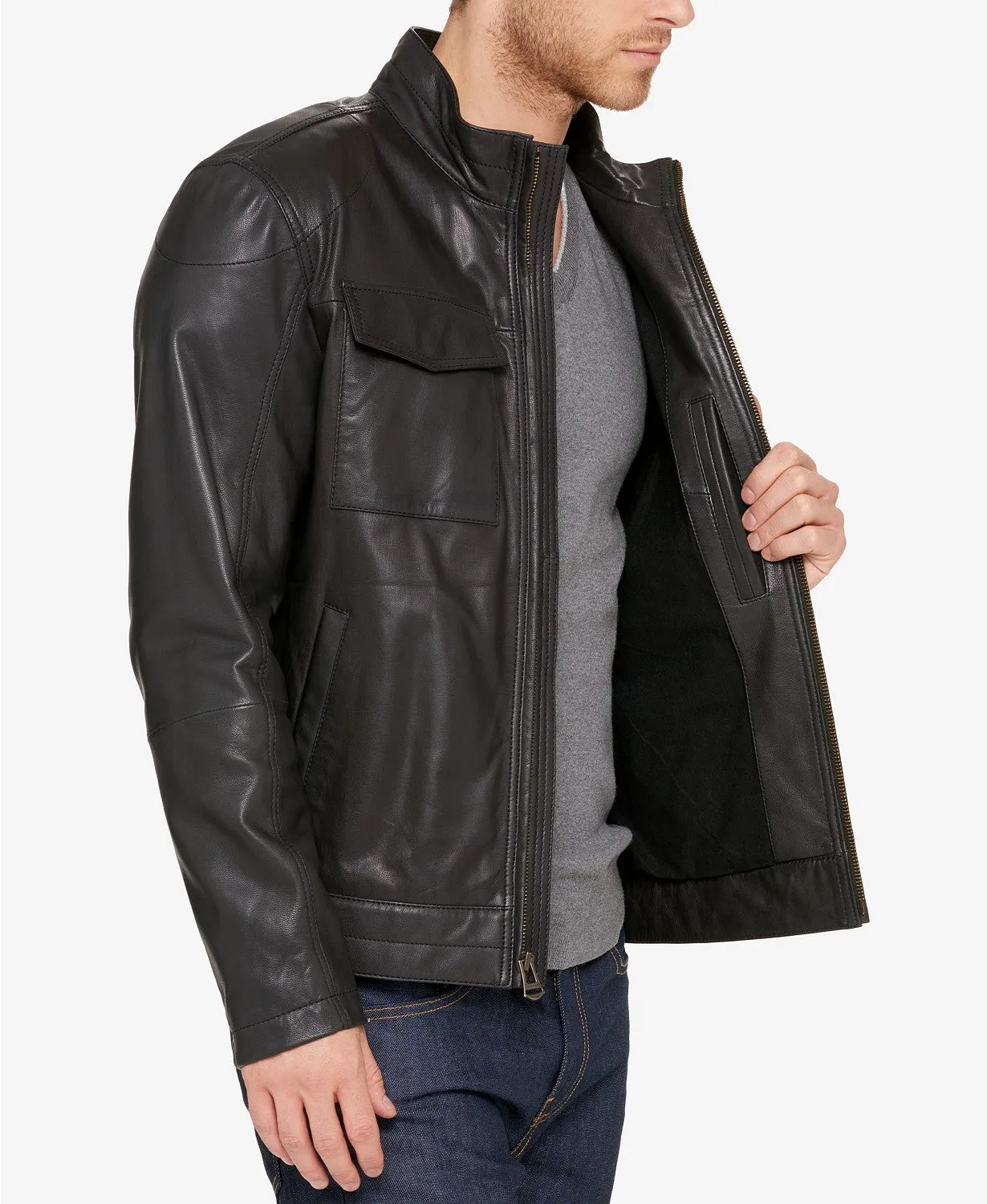 Evum Black Leather Jacket Men Biker Motorcycle Sheepskin