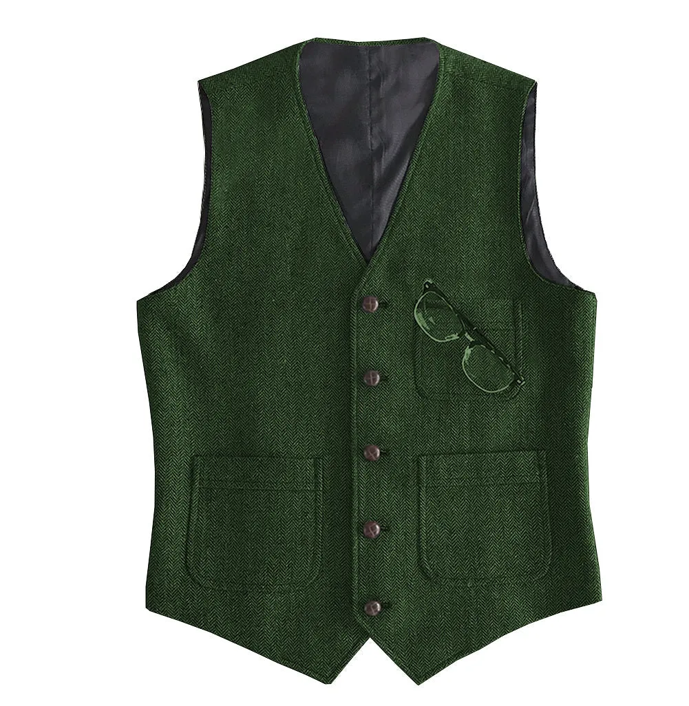Fashion Men's Slim Fit Tweed Herringbone V Neck Waistcoat
