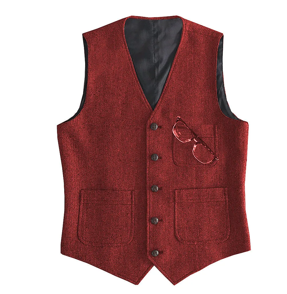 Fashion Men's Slim Fit Tweed Herringbone V Neck Waistcoat