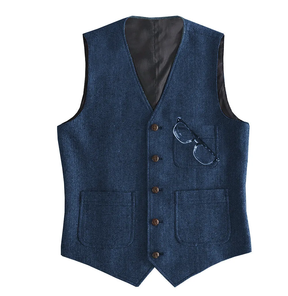 Fashion Men's Slim Fit Tweed Herringbone V Neck Waistcoat