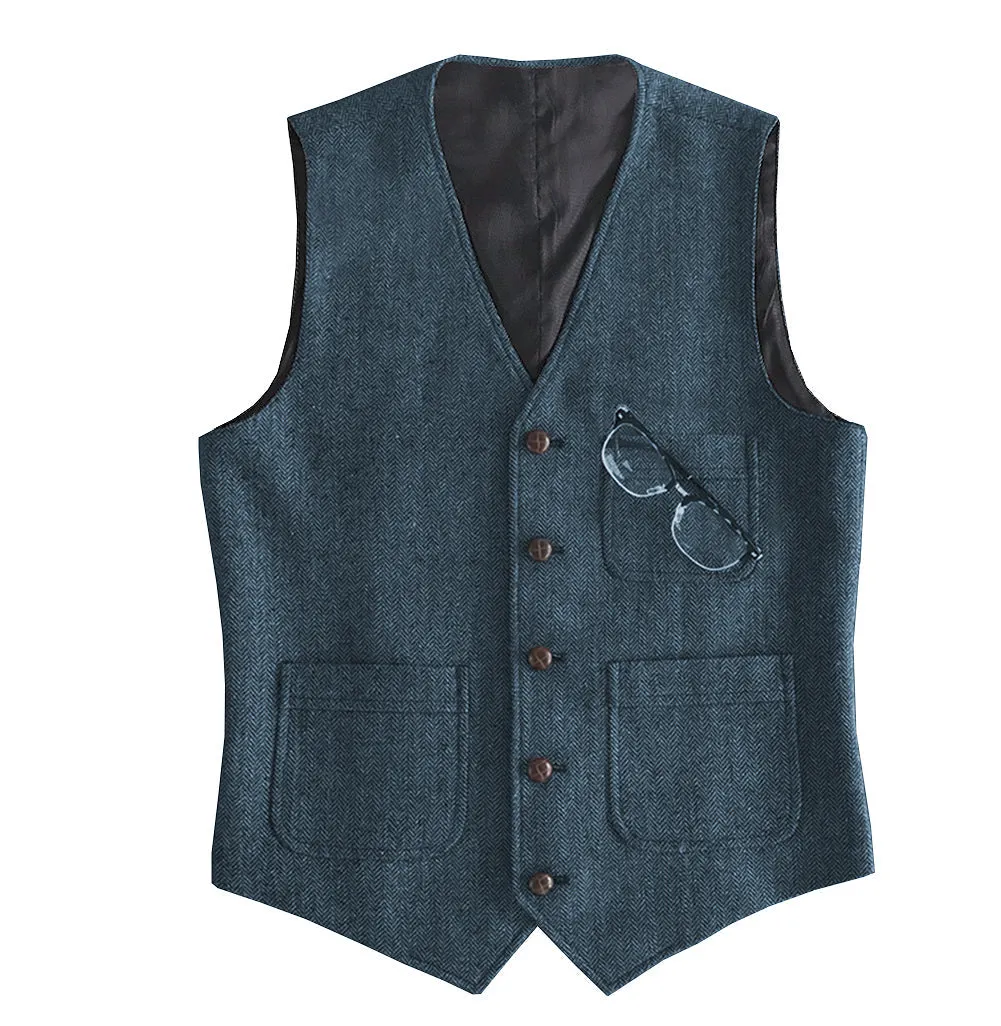 Fashion Men's Slim Fit Tweed Herringbone V Neck Waistcoat