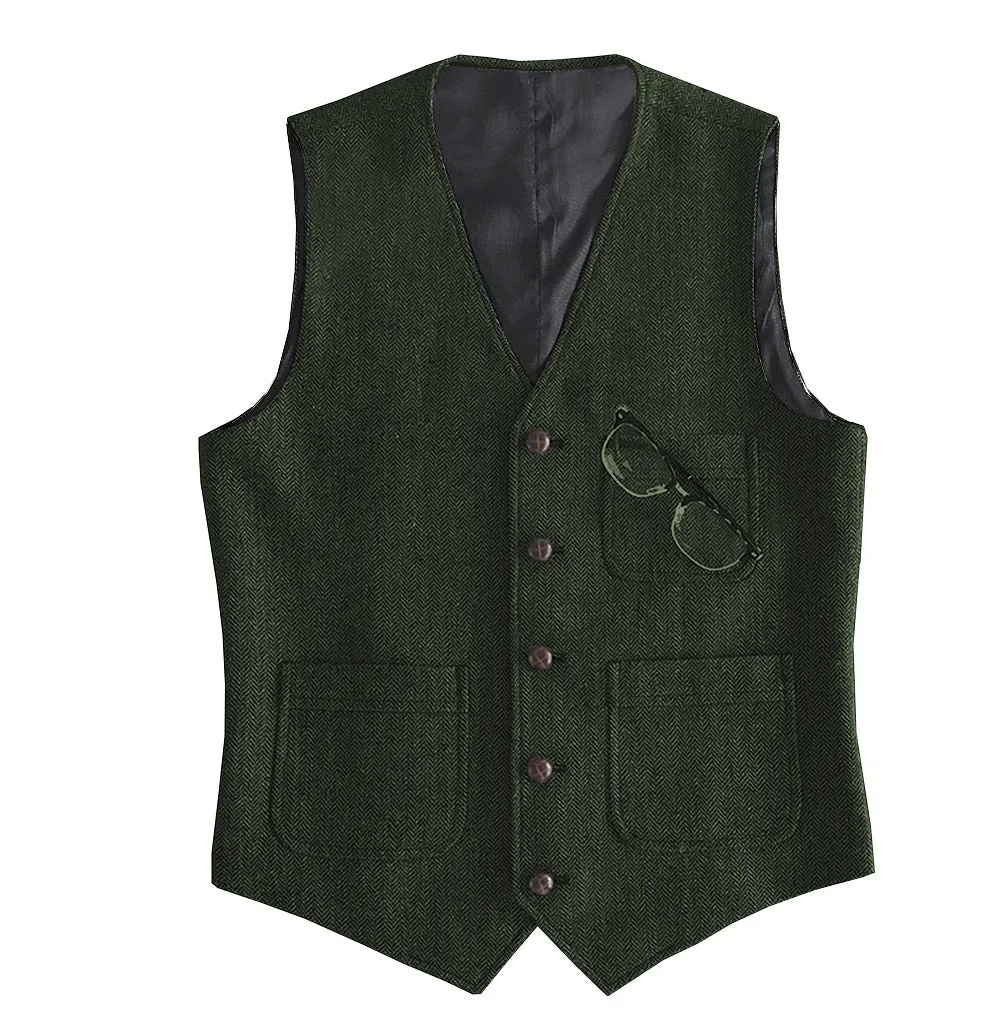 Fashion Men's Slim Fit Tweed Herringbone V Neck Waistcoat