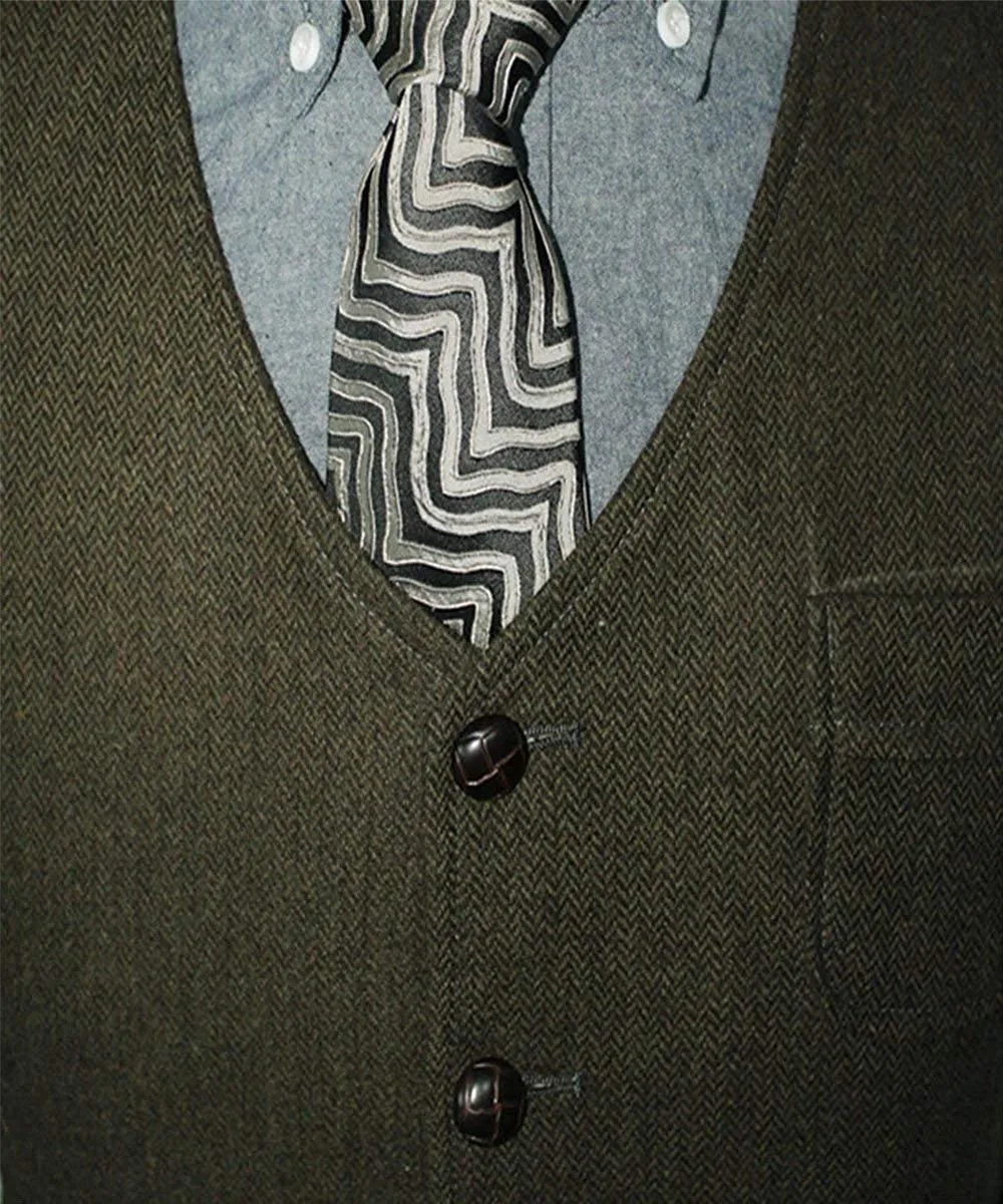 Fashion Men's Slim Fit Tweed Herringbone V Neck Waistcoat