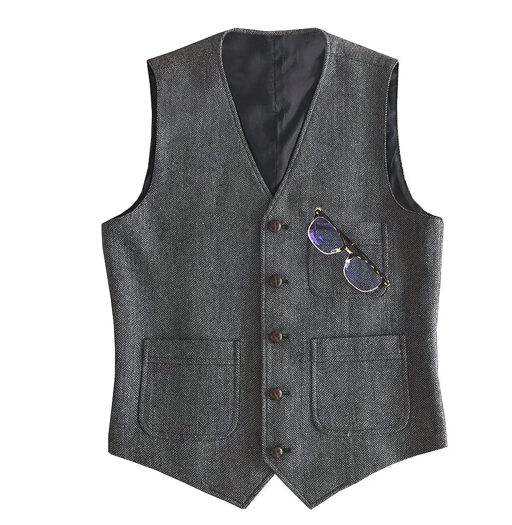 Fashion Men's Slim Fit Tweed Herringbone V Neck Waistcoat