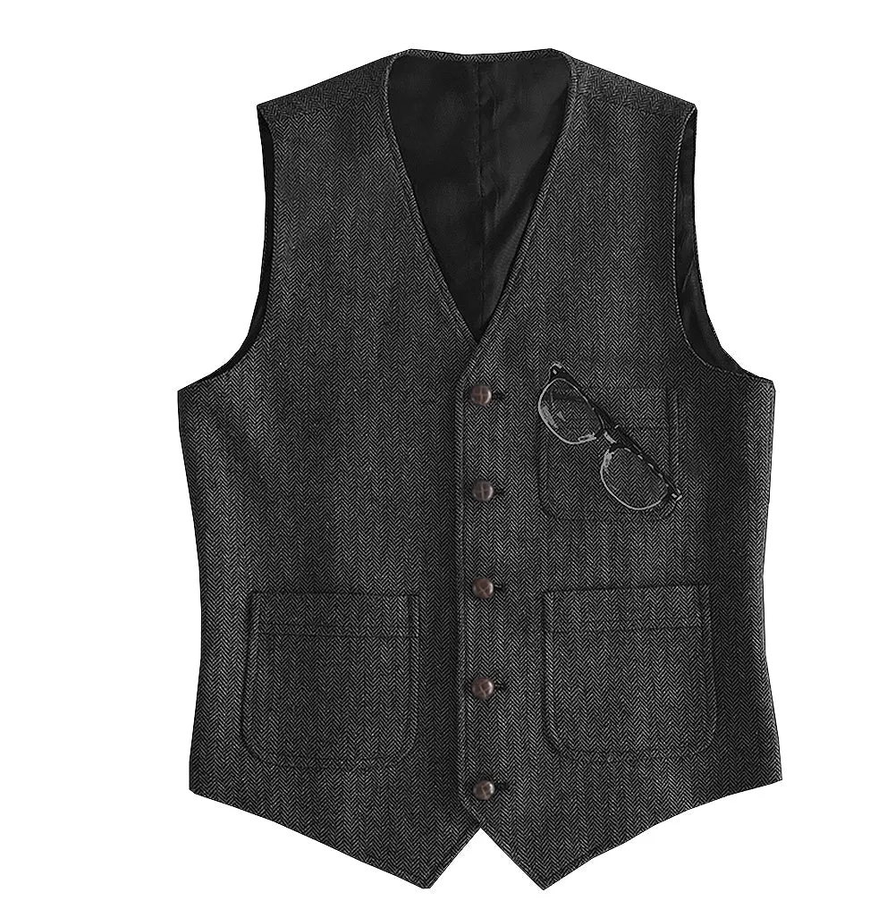 Fashion Men's Slim Fit Tweed Herringbone V Neck Waistcoat