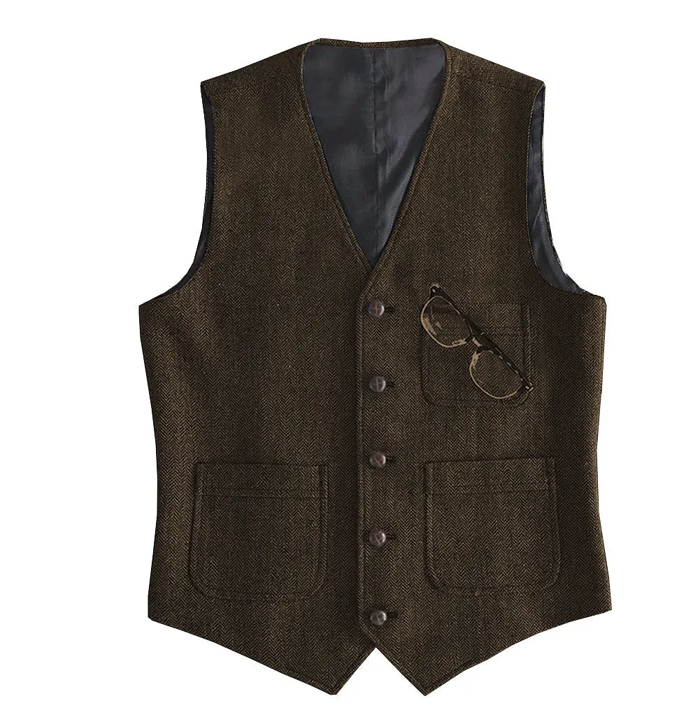 Fashion Men's Slim Fit Tweed Herringbone V Neck Waistcoat